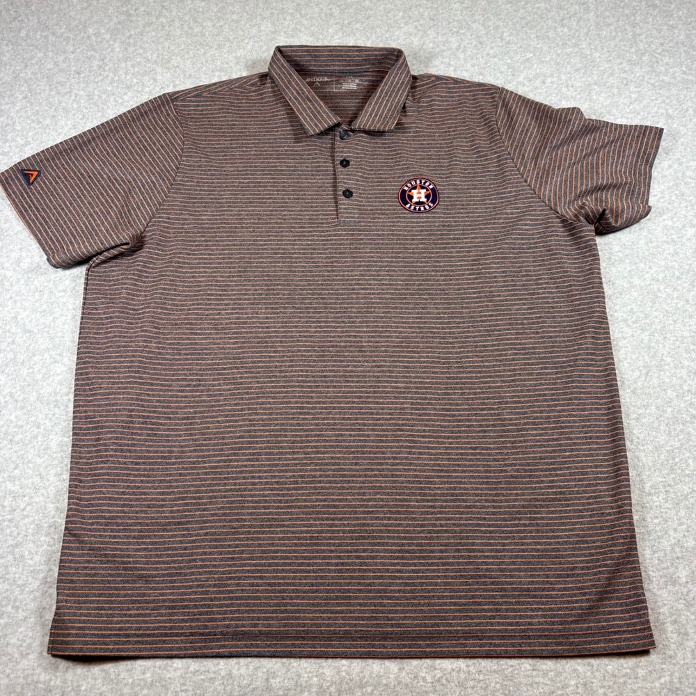 Antigua Houston Astros Polo Mens 2XL Gray Orange Striped Short Sleeve MLB Shirt